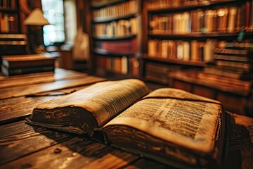 An old, antique book lies open on a wooden table in a library. 