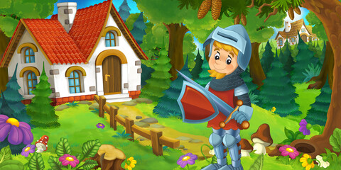 Obraz na płótnie Canvas cartoon scene with beautiful rural brick house in the forest on the meadow knight prince illustration for children