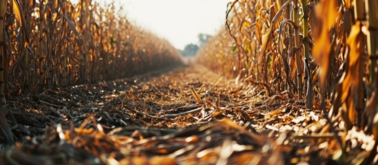Cornfield suffering from drought, evident in withered cornstalks. - obrazy, fototapety, plakaty