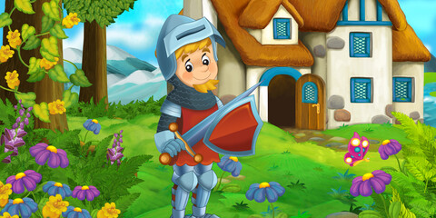 cartoon scene with beautiful rural brick house in the forest on the meadow knight prince illustration for children