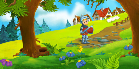 cartoon scene with beautiful rural brick house near the kingdom castle in the forest on the meadow knight prince illustration for children