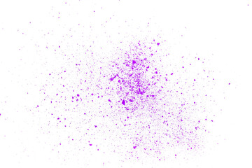 Violet chalk pieces and dust flying, effect explode isolated on white