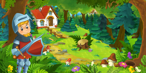 Obraz na płótnie Canvas cartoon scene with beautiful rural brick house in the forest on the meadow knight prince illustration for children