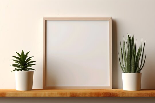 Blank frame on a shelf with two potted plants against a neutral wall, minimalist interior decor.