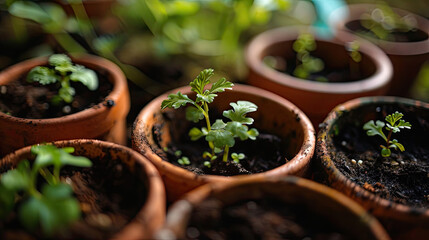 Small plants in pots ready to be planted in the ground