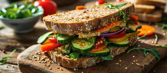 Nutritious hummus sandwich with mixed vegetables on multi-grain bread.