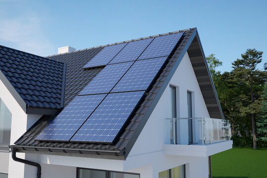 Solar panels on roof house, 3D illustration