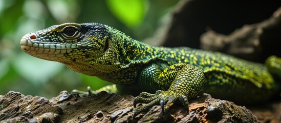 Salvadori's monitor is a long, arboreal lizard with a green body and yellowish spots.