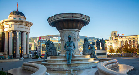 Skopje, Northern Macedonia - October 29, 2023: Warrior monument and other sculptures in Skopje city...