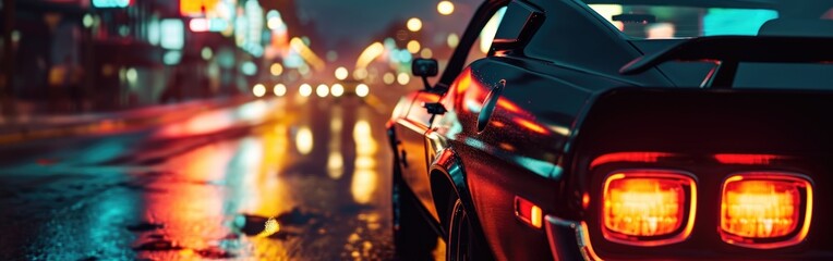 The rear view of a car on the road at night in the city - obrazy, fototapety, plakaty