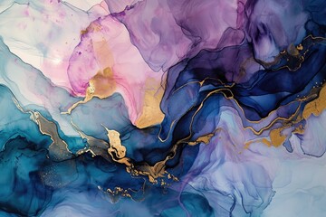 Abstract painting of blue and violet liquid  with gold decoration