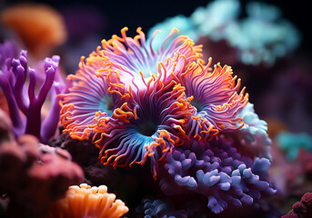 Naklejka na ściany i meble Colorful corals in the ocean. Underwater life. AI generated