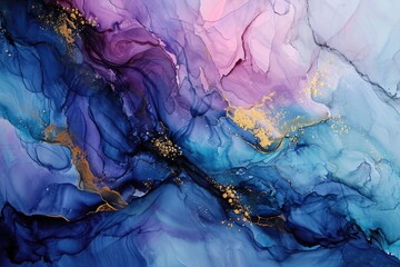 Fototapeta premium Abstract blue and violet liquid painting with gold accents