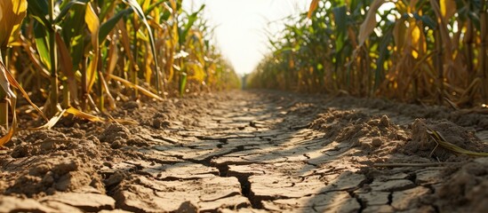 Drought-damaged farm soil with dry corn field. - obrazy, fototapety, plakaty