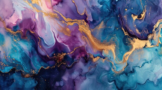 Abstract blue and violet liquid painting with gold accents