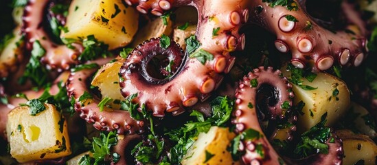 Close-up of octopus salad with potato and parsley, captured from above. - obrazy, fototapety, plakaty