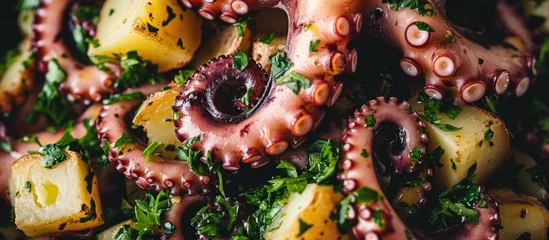 Poster Close-up of octopus salad with potato and parsley, captured from above. © TheWaterMeloonProjec