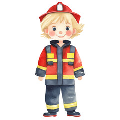 boy in firefighter's costume, watercolor graphic resources with transparent background, occupation that wears uniform