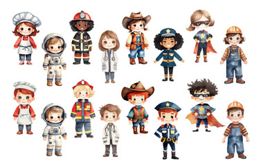 watercolor graphic resources with transparent background, occupation that wears uniform, set / collection