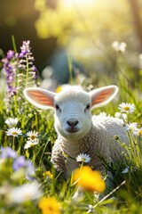 Cute baby lamb in the blooming flower field. Greeting card, Easter or springtime concepts