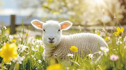 Tuinposter Cute baby lamb in the blooming flower field. Greeting card, Easter or springtime concepts © Lazylizard