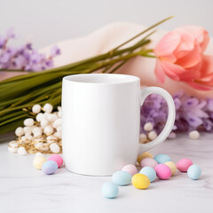 White mug Mockup with tulips and easter eggs
