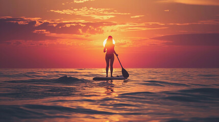 Woman at sunset doing paddle surfing