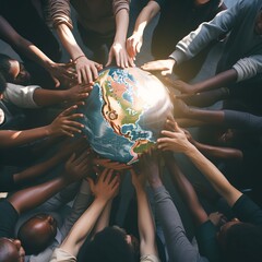 Image depicting diverse hands reaching towards a globe, symbolizing global understanding and cultural competence