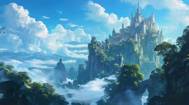 scene with castle on mountain peaks and clouds. seamless looping time-lapse virtual video Animation Background.