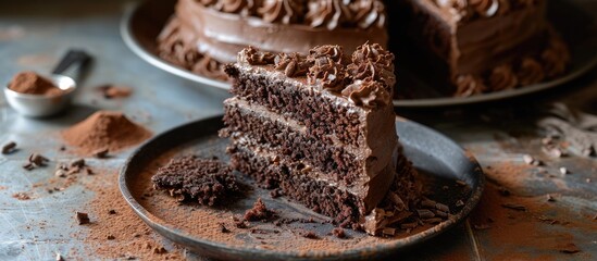 A slice of homemade chocolate cake with the remaining cake behind.