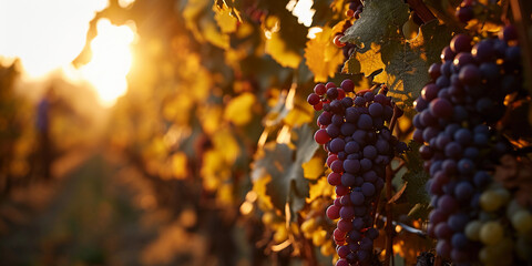 vineyard at sunset, golden and purple grape clusters, winemaker in background