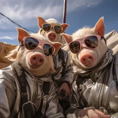 Fotobehang pigs portrait with sunglasses, Funny animals in a group together looking at the camera, wearing clothes, having fun together, taking a selfie, An unusual moment full of fun and fashion consciousness. © Ruslan Batiuk