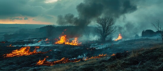 Fototapeta premium Burning landscape with flames and smoke during cal.