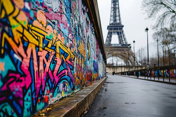 Paris at night with Graffiti wall