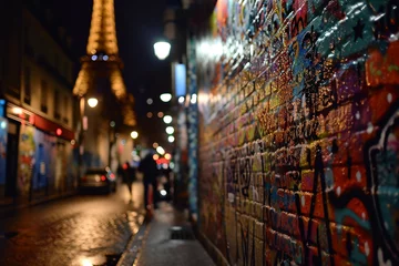 Schilderijen op glas Paris at night with Graffiti wall © Patrick