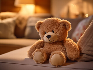  Light brown teddy bear sitting on a sofa