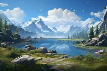 A serene mountain lake amidst lush vegetation and rocky scenery under a clear sky with scattered clouds. Generative AI
