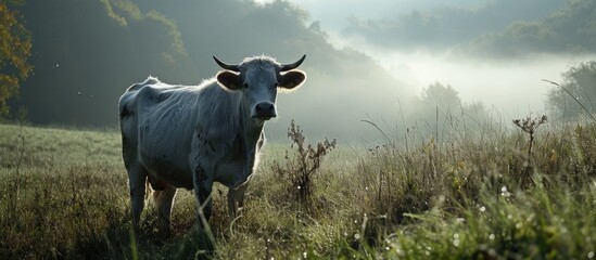 French Cantal morning fog Salers cow - obrazy, fototapety, plakaty