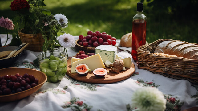 Pique-nique de luxe entre amis en France, plateau de fromages variés aux figues, vin, miche de pain et autres gourmandises en famille dans l'herbe