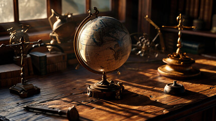 Earth globe, spinning on an ancient mahogany desk, surrounded by antique navigational tools - obrazy, fototapety, plakaty