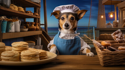 A pier dog with a apron holding cookies in his paws