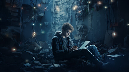 Teenage boy working from home with a laptop in a dark room with dim lights. Western hikikomori addicted to new technologies and digital entrepreneurship - obrazy, fototapety, plakaty