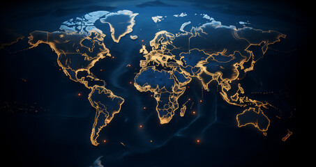 Illuminated world map in the night highlighting global connectivity, with golden lines and lights representing major connections between continents and cities of the planet