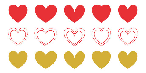 Collection of simple hearts isolated on a transparent background – Set of red and golden hearts – Heart stickers and frames