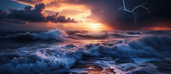 Stunning sea view with lightning during sunset.