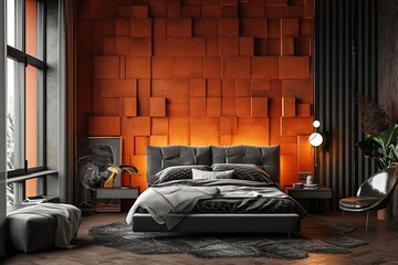 A contemporary bedroom showcasing a 3D staggered block wall in burnt orange alongside a modern charcoal bed