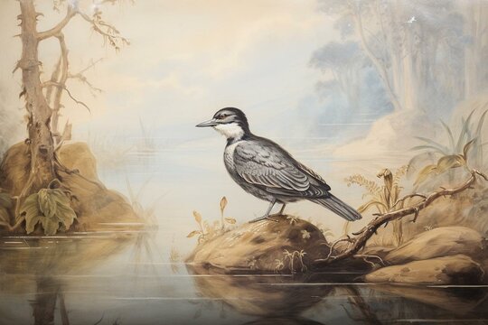 Antique painting of bird on water by historical artist. Generative AI