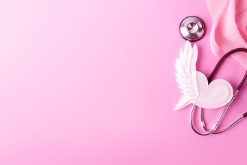 pink backround, cancer awareness ribbon with medical stethoscope, copy space