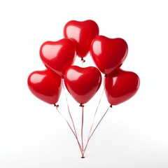 Photo of bright heart red balloons, white background, daylight, flat color, close - up, low shadow