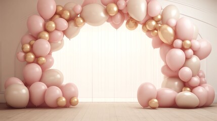 Fototapeta na wymiar pink and gold heart balloon arch top view on light pink surface 3d rendering photo